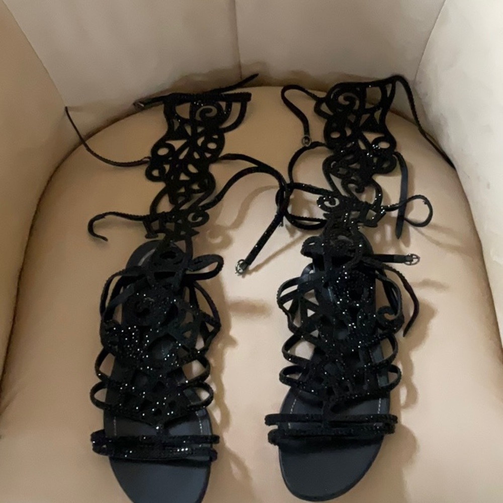 RENE CAOVILLA BLACK KNEE HIGH SWAROVSKI GLADIATOR SANDALS eu 40 9 9.5, EUR 2285